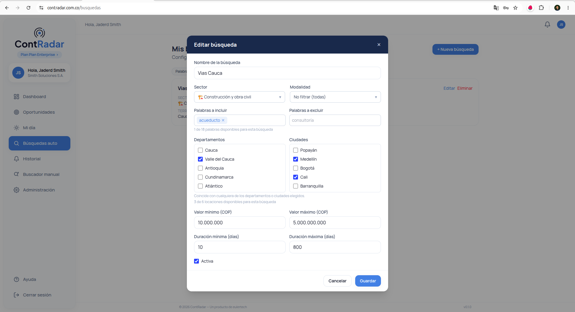 Formulario de configuración de búsqueda automática en ContRadar