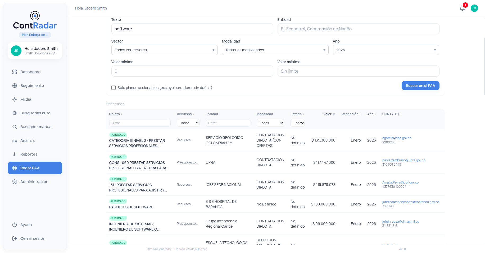 Módulo Radar PAA de ContRadar: buscador del Plan Anual de Adquisiciones con miles de planes filtrables