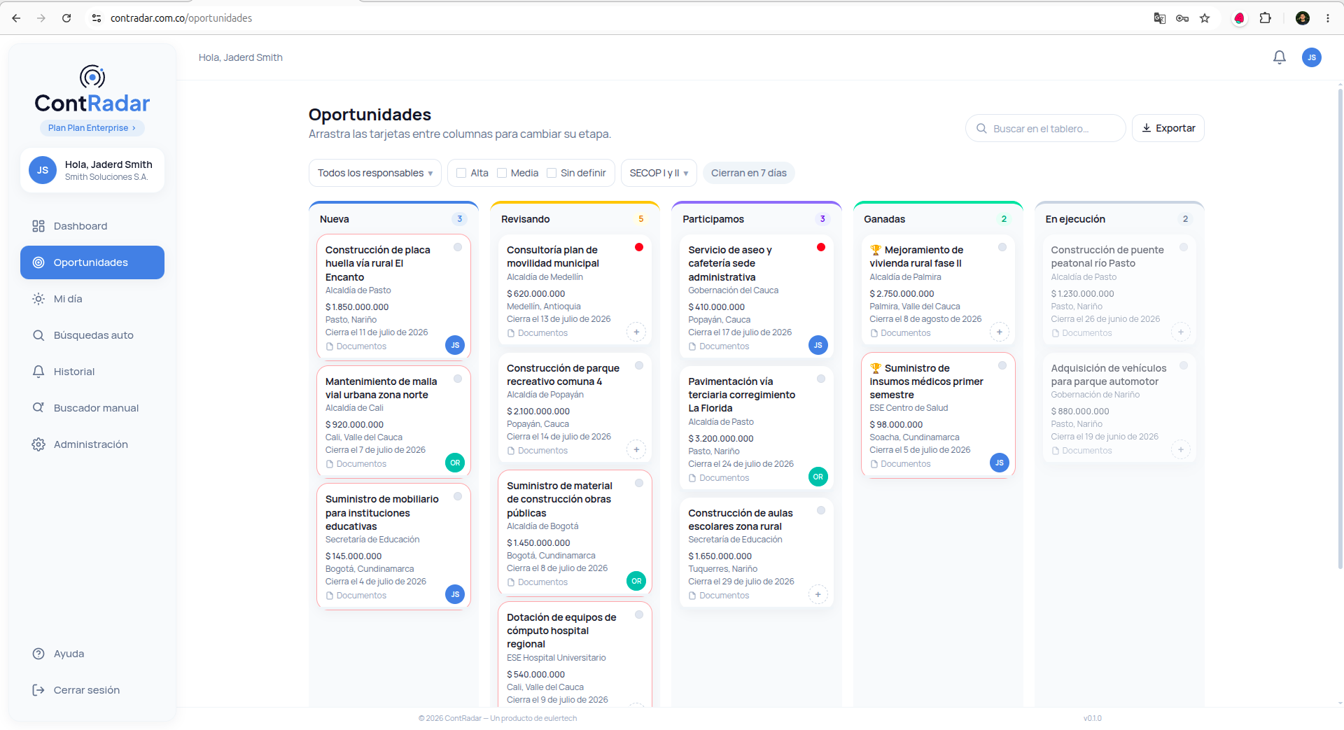 Tablero de seguimiento de ContRadar con oportunidades de licitación en diferentes etapas