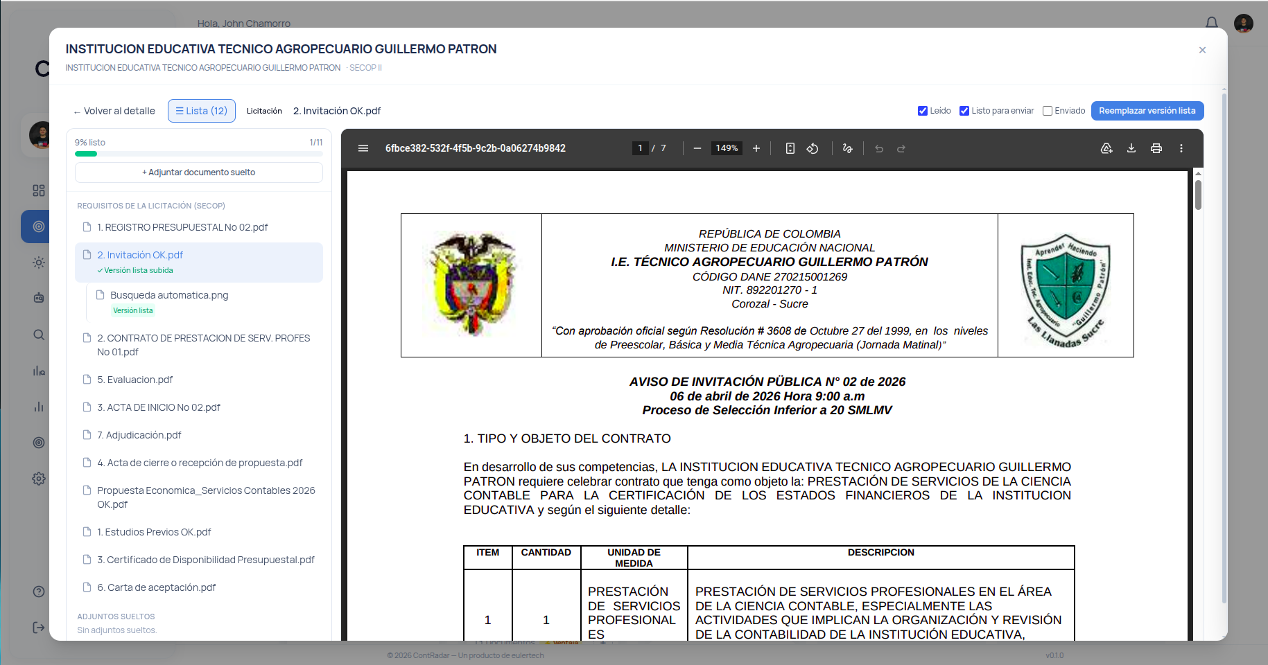 Gestor de documentos del pliego en ContRadar: checklist de requisitos y visor de PDF integrado