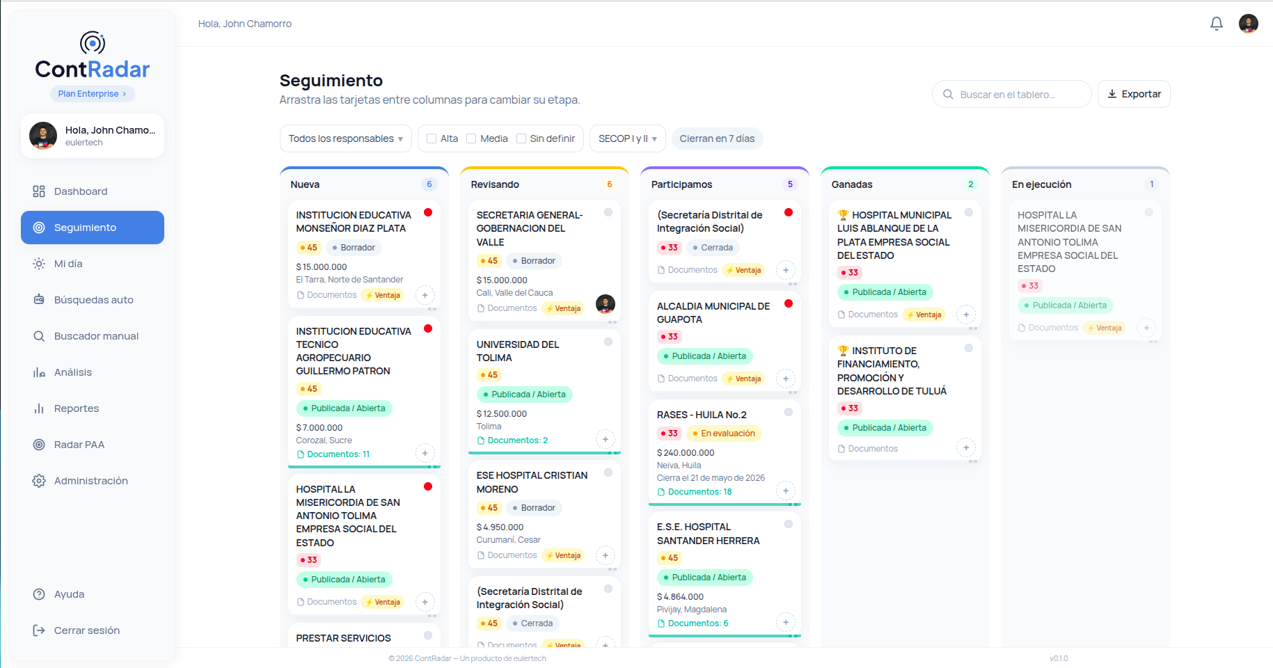Tablero Kanban de seguimiento de oportunidades en ContRadar